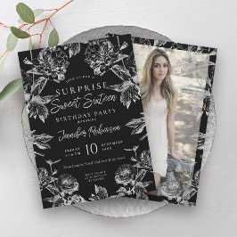 Svart Silver Blommigt Photo SURPRISE Sweet 16 Inbjudningar