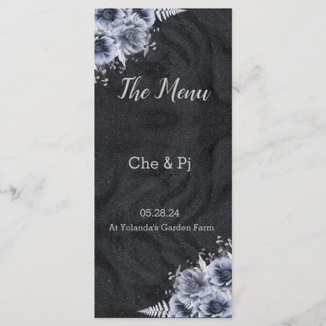 Svart & Silver Bröllop Menu Meny (Framsida)