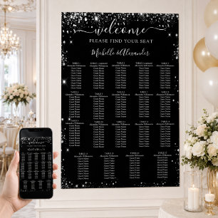 Svart silver bröllops sittplatskarta 19 bord poster