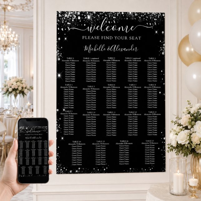 Svart silver bröllops sittplatskarta 19 bord poster (Skapare uppladdad)