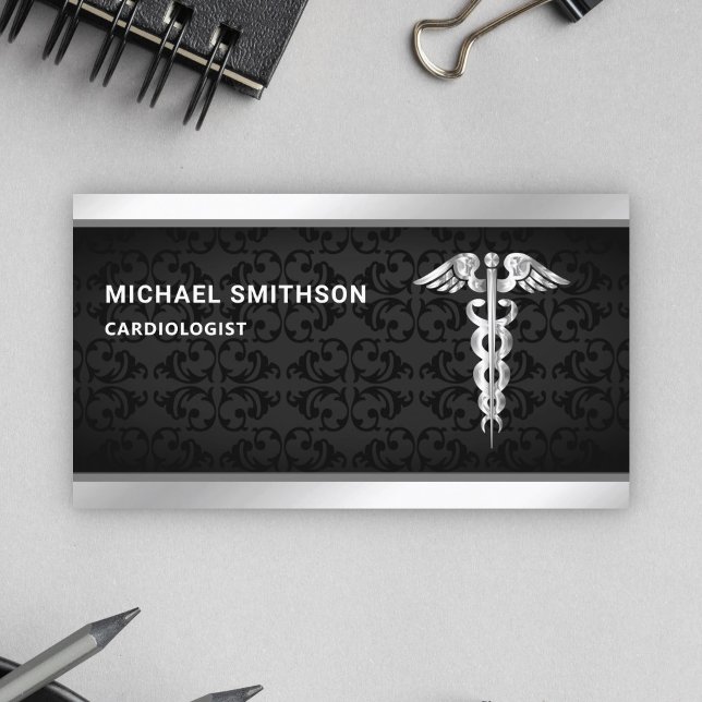 Svart Silver Caduceus Symbol Medicinsk Professione Visitkort (Skapare uppladdad)