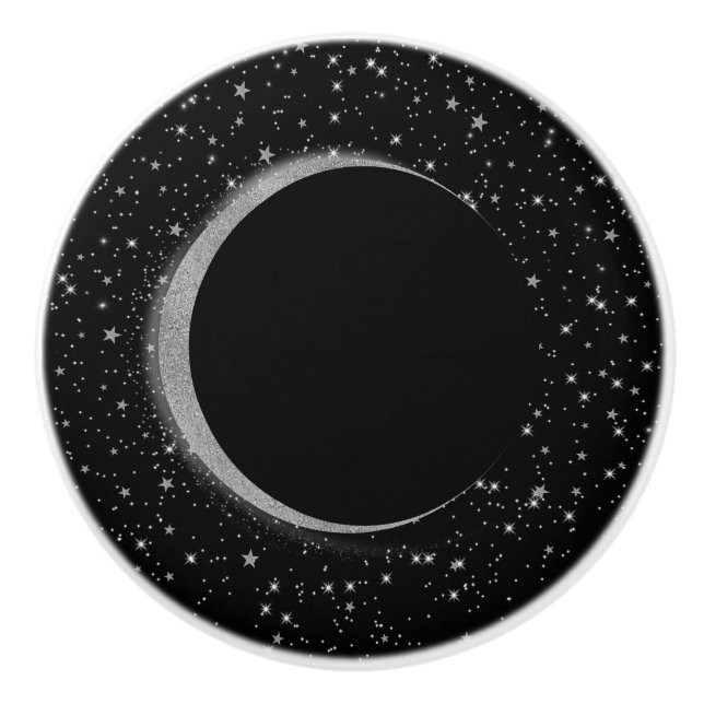 Svart & Silver Celestial Månmagi Lunära Stjärnor Knopp (Framsidan)