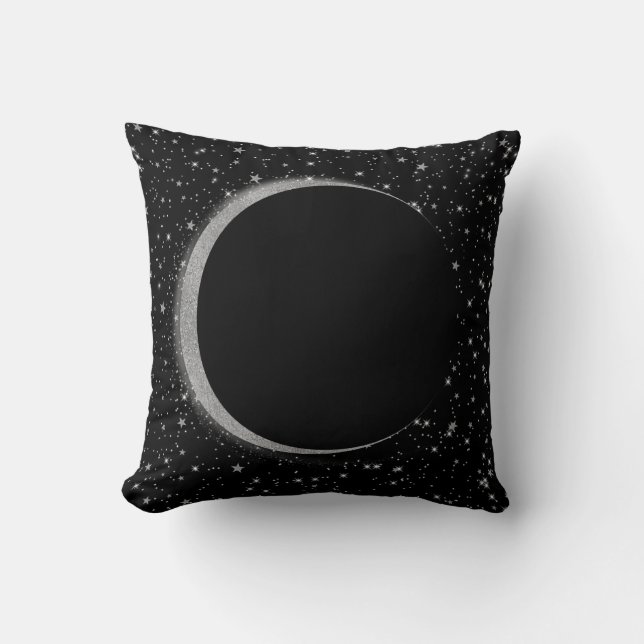 Svart & Silver Celestial Månmagi Lunära Stjärnor Kudde (Framsida)