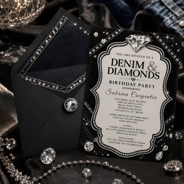 Svart Silver Denim & Diamonds Glam Födelsedagsfest Inbjudningar (Skapare uppladdad)