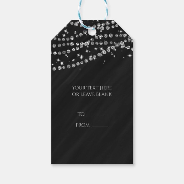 Svart & Silver Diamant Bling Glam Glitter Party Presentetikett (Framsidan)