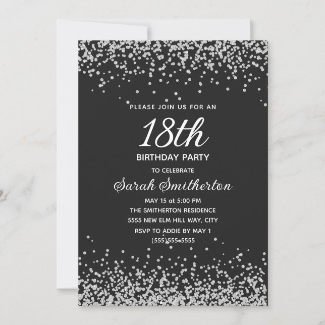 Svart Silver Diamant Glitter 18-årsdag Inbjudningar (Framsida)