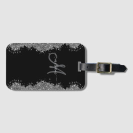 Svart Silver Falskt Glitter Grått Modernt Monogram Bagagebricka