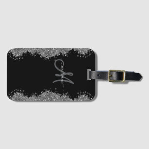 Svart Silver Falskt Glitter Grått Modernt Monogram Bagagebricka