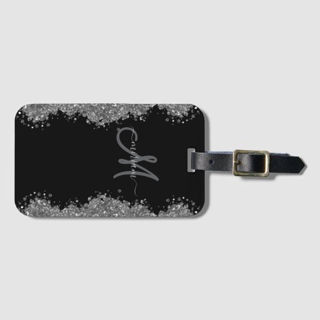 Svart Silver Falskt Glitter Grått Modernt Monogram Bagagebricka (Framsida horisontal)