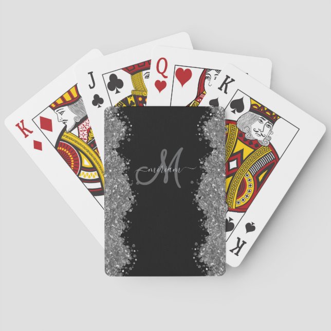 Svart Silver Falskt Glitter Grått Modernt Monogram Casinokort (Baksidan)
