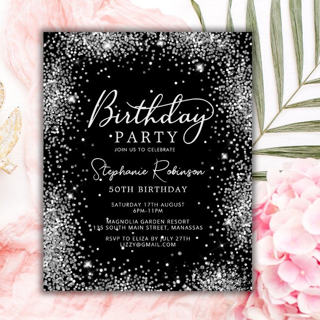 Svart silver glitter 50-års födelsedagsinbjudan på (Skapare uppladdad)