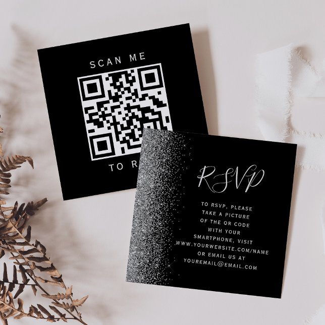 Svart silver glitter bröllops QR-kod RSVP Tilläggskort (Skapare uppladdad)