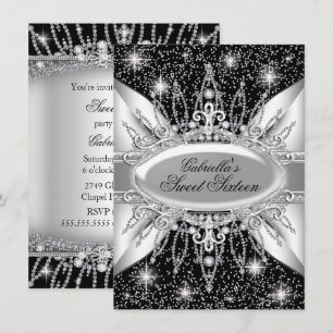 Svart & Silver Glitter Diamant Sweet 16 Inbjudan