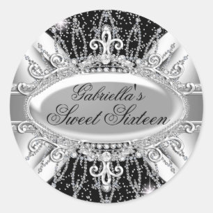 Svart & Silver Glitter Diamant Sweet 16 Klistermär Runt Klistermärke