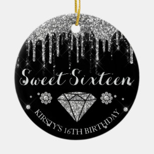 Svart Silver Glitter Drip Diamant Sweet Sixteen Julgransprydnad Keramik