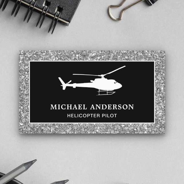 Svart Silver Glitter Helikopterpilot Visitkort (Skapare uppladdad)