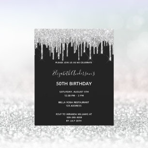 Svart silver glitter-inbjudan på födelsedagen vykort
