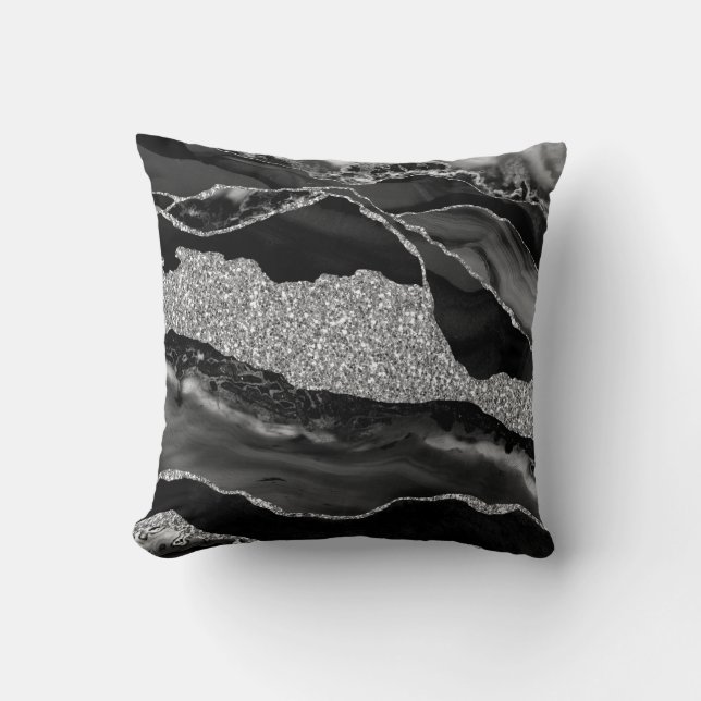 Svart Silver Glitter Lyx Agat Geod Kudde (Framsida)