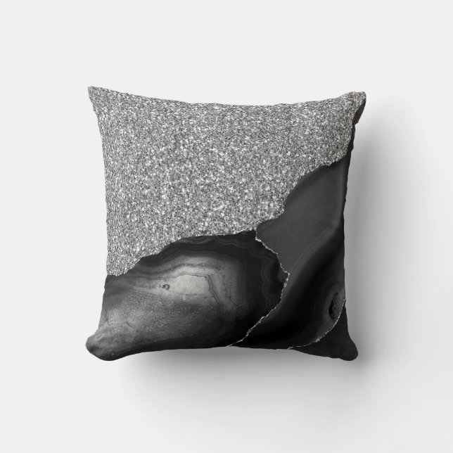 Svart Silver Glitter Lyx Agat Geod Kudde (Framsida)