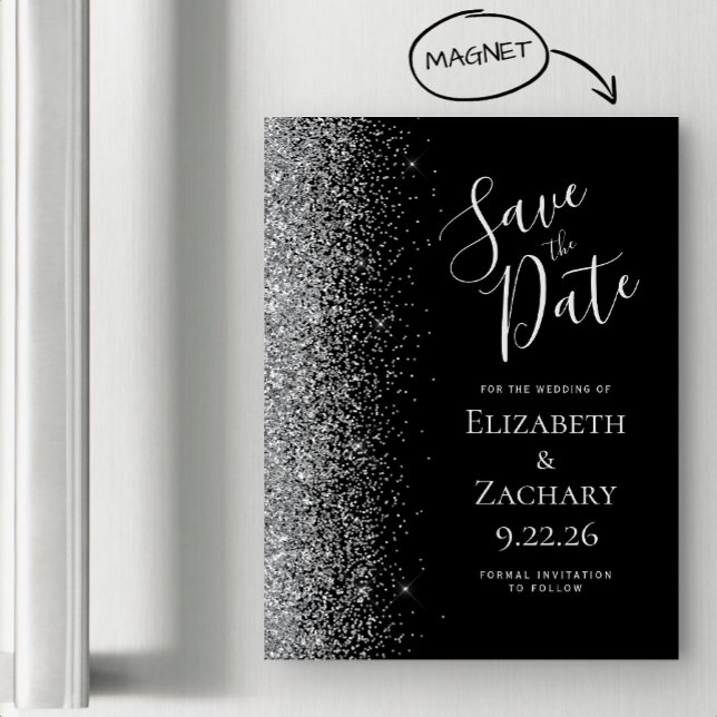 Svart Silver Glitter Magnetic Save Date (Skapare uppladdad)