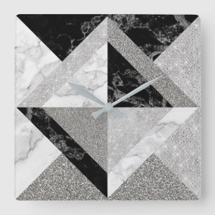 Svart Silver Glitter Marble Grått Geometry Sequin Fyrkantig Klocka