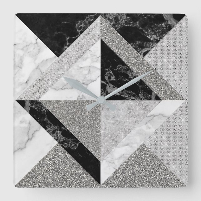 Svart Silver Glitter Marble Grått Geometry Sequin Fyrkantig Klocka (Framsida)