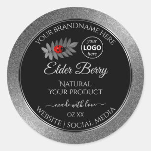 Svart Silver Glitter-produktetiketter Ladybug Logo Runt Klistermärke