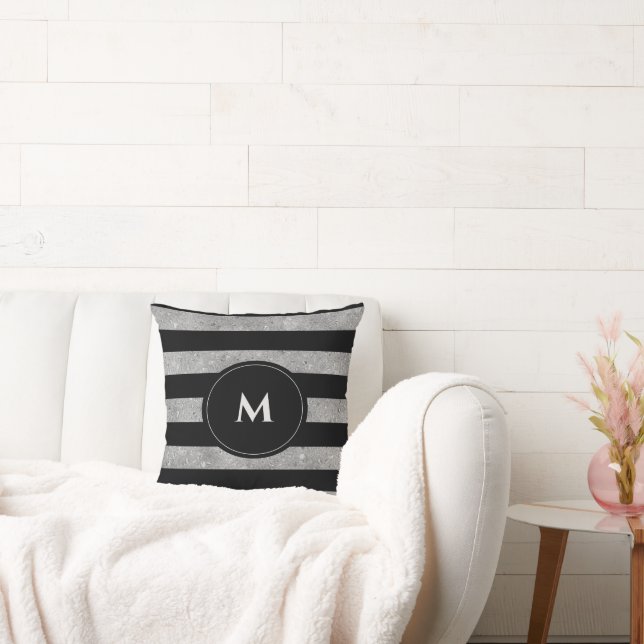 Svart Silver Glitter Randig Monogram  Kudde (Soffa)
