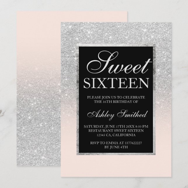 Svart silver glitter rosa elegant chic Söt 16 Inbjudningar (Fram/baksida)