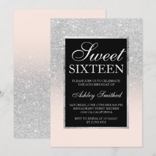 Svart silver glitter rosa elegant chic Söt 16 Inbjudningar