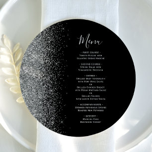 Svart Silver Glitter Rund Tallrik Bröllopsmeny Meny