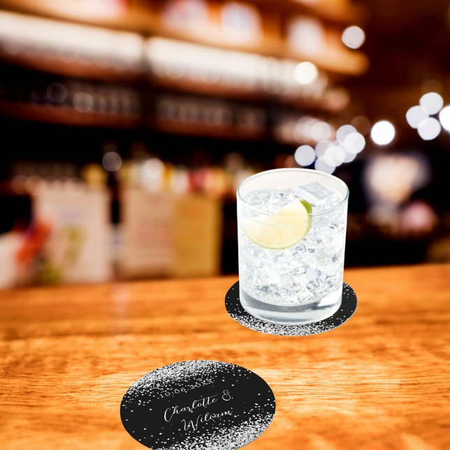 Svart silver glitter-skript bröllop underlägg papper rund (Skapare uppladdad)