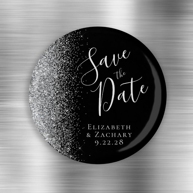 Svart Silver Glitter Skript Spara Datum Magnet (Skapare uppladdad)