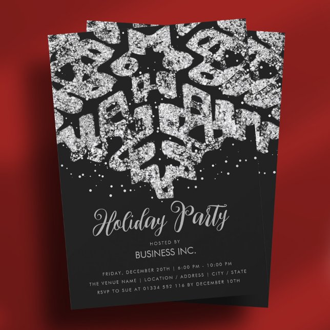 Svart Silver Glitter Snöflinga Högtidsfest Inbjudningar (Silver Glitter Snowflake Holiday Party Black Invitation)