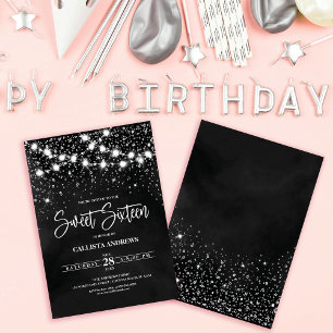 Svart Silver Glitter Sparkles Ljus Sweet 16 Inbjudningar