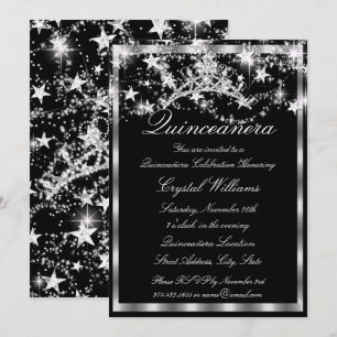 Svart Silver Glitter Tiara Stjärnor Quinceanera Inbjudningar