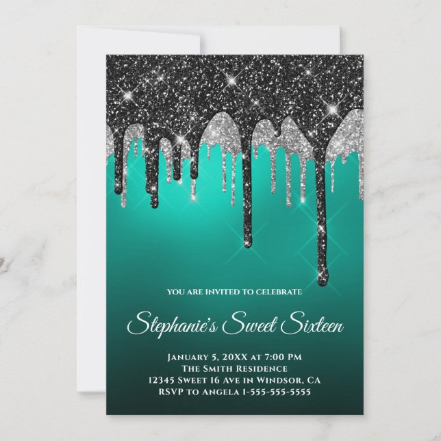 Svart Silver Glitter Turkos Teal Ombre Sweet 16 Inbjudningar (Framsida)