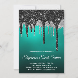 Svart Silver Glitter Turkos Teal Ombre Sweet 16 Inbjudningar