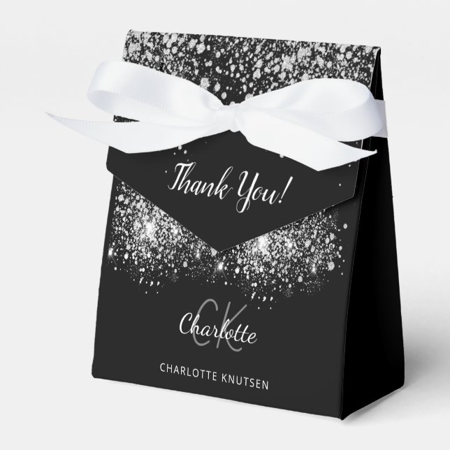 Svart silver glitter-vit monogram presentaskar (Framsidan Sidan)