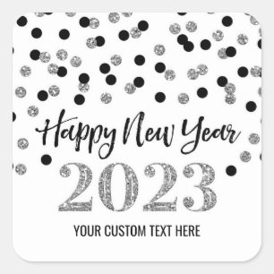 Svart Silver Gott nytt år 2023 Square Sticker Fyrkantigt Klistermärke