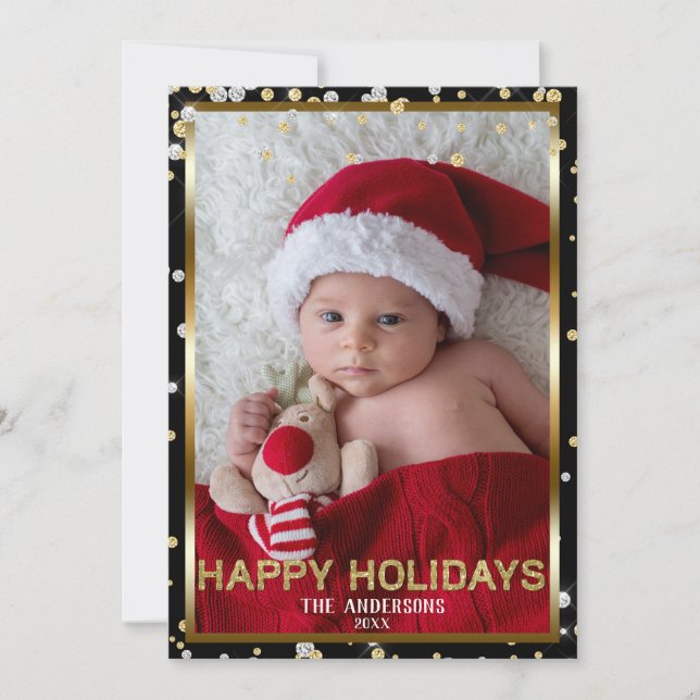 Svart Silver & Guld Glitter Modern Helg Foto Julkort (Framsida)