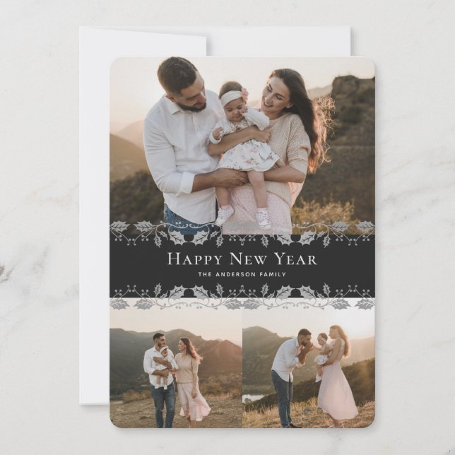 Svart Silver Holly Foto Gott Nytt År-kort Julkort (Framsida)