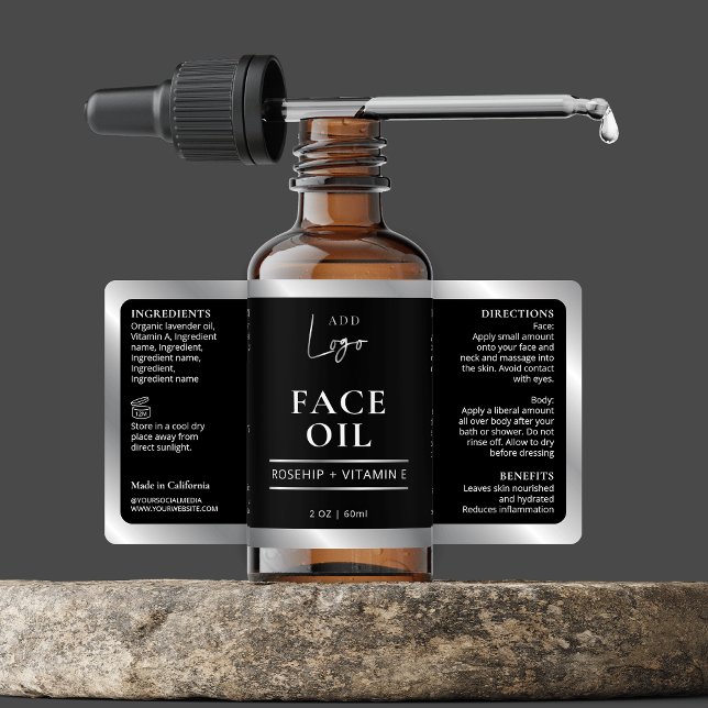 Svart & Silver Kosmetiskt skinkare Flaska-märke Fraktsedel (Elegant black and silver 2 OZ dropper bottle *verify size* wrapper style label with your custom logo)