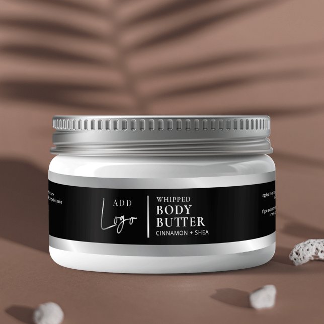 Svart & Silver Logotyp 4 OZ 120 ml kosmetisk Burk- Etikettband (Modern black and faux silver effect cosmetic jar wraparound label)