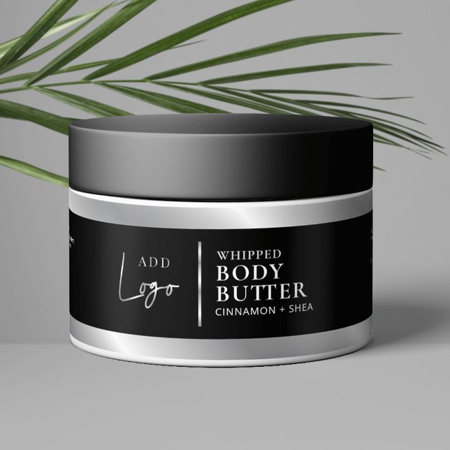 Svart & Silver Logotyp Kosmetisk Burk-avfallsetike Vattenflaska Etikett (Elegant black and silver effect cosmetic jar wraparound label with your logo and custom  text)