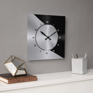Svart & Silver Modern Metallisk Geometrisk design Fyrkantig Klocka