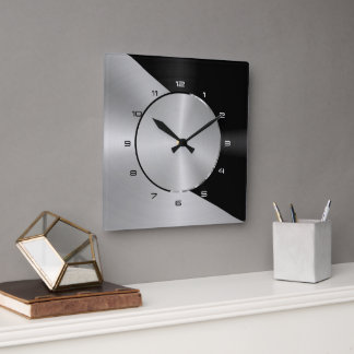 Svart & Silver Modern Metallisk Geometrisk design Fyrkantig Klocka