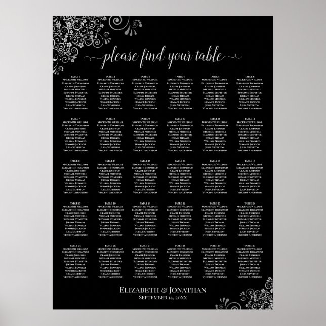 Svart & Silver Posh 30 Bord Bröllopsställning Diag Poster (Framsidan)