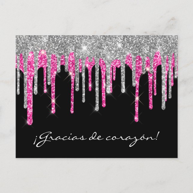Svart Silver Rosa Glitter Dropp Quinceañera Tack Vykort (Framsida)