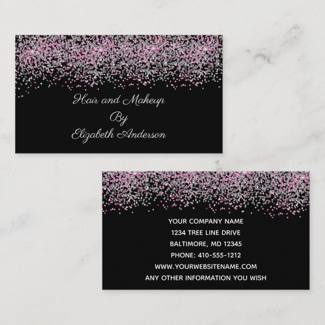 Svart Silver Rosa Glitter Överlägg Glam Tjej  Visitkort (Fram/baksida)
